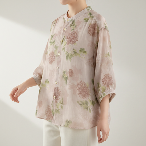 Shirt with Mandarin Collar and Relaxed Fit 3/4 Sleeves