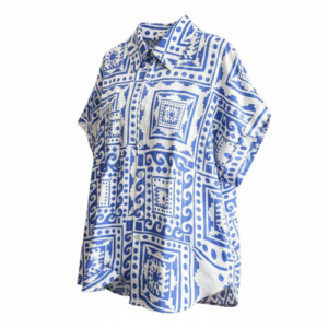 Shirt with Pocket Half Raglan Sleeves Spread Collar Neck Geometric Printed Relaxed Fit and Standard Length