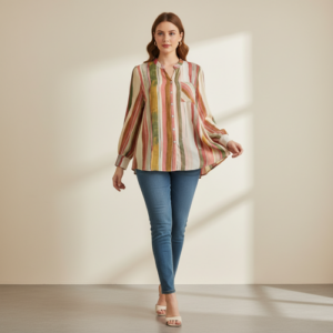 Shirt with Mandarin Collar Neck Full Puff Sleeves Striped Pattern Regular Fit and Standard Length