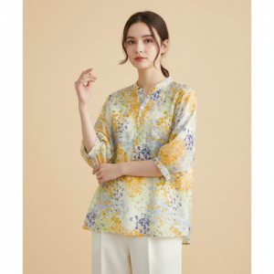 Top with Mandarin Collar, Half Button Placket and Relaxed Fit Sleeves