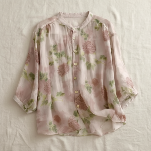 Shirt with Mandarin Collar and Relaxed Fit 3/4 Sleeves