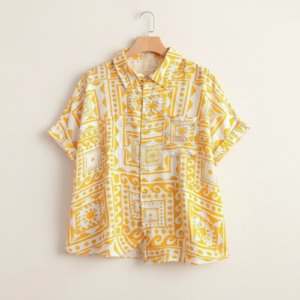 Shirt with Pocket Half Raglan Sleeves Spread Collar Neck Geometric Printed Relaxed Fit and Standard Length
