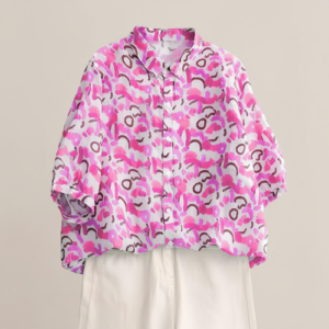 Shirt with Mandarin Collar and Above Elbow Sleeve Relaxed Fit Top