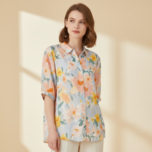 Shirt with Multicolor Floral Print & Half Sleeves, Collar Neck