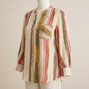 Shirt with Mandarin Collar Neck Full Puff Sleeves Striped Pattern Regular Fit and Standard Length