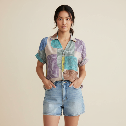 Shirt, Half Sleeve, Collar Neck, Casual Button-Up Top, Rayon Fabric