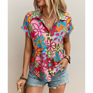 Shirt Type top | Short Sleeve | Fabric Rayon | Collar Neck | Bright Floral Print | Casual Regular fit