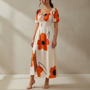 Dress | Women's Puff Sleeve Floral Printed A Line Maxi | Elegant Tie Front Slit Outfit | Comfortable Beach, Vacation, Party & Holiday Outfit