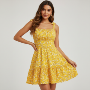 Women Fit and Flare Blue Summer Vacation Style Floral Print Spaghetti Strap with Shoulder Ties Mini Dress