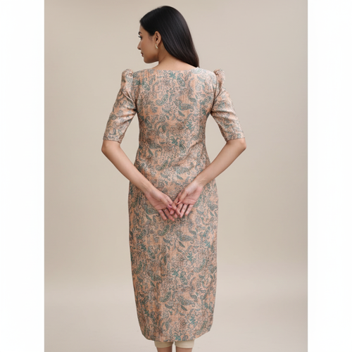 Material composition Chanderi Blend Sleeve type Puff Sleeve Length Calf Length Neck style Boat Neck Pattern Floral Style Regular
