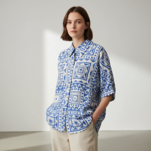 Shirt with Pocket Half Raglan Sleeves Spread Collar Neck Geometric Printed Relaxed Fit and Standard Length