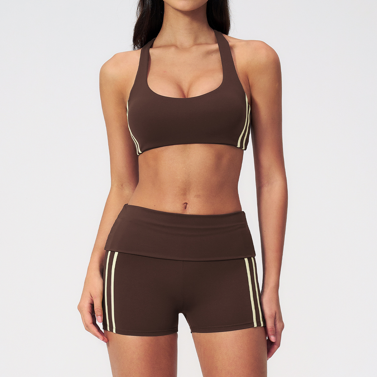 Morpho Aura Women's Striped Halter Sports Bra Fold Over Short Yoga 2 Piece Set - Image 3