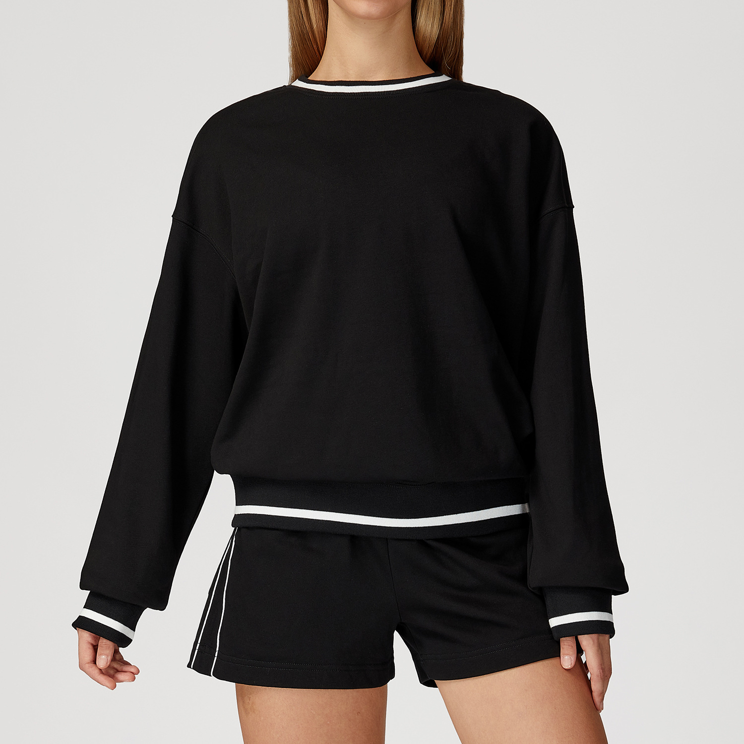Morpho Aura Women's Striped Crew Sweatshirt Shorts 2 Piece Lounge Set - Image 2