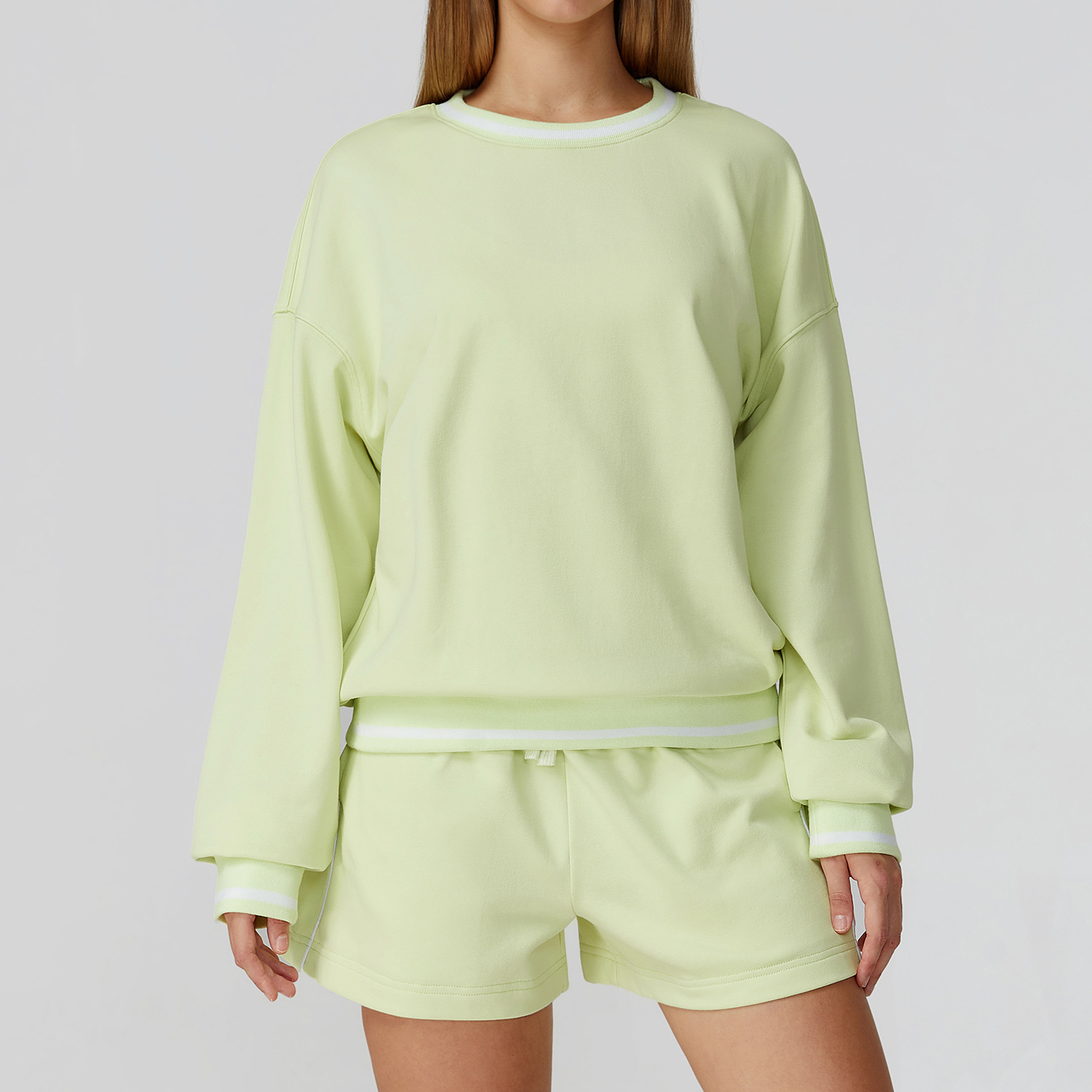 Morpho Aura Women's Striped Crew Sweatshirt Shorts 2 Piece Lounge Set
